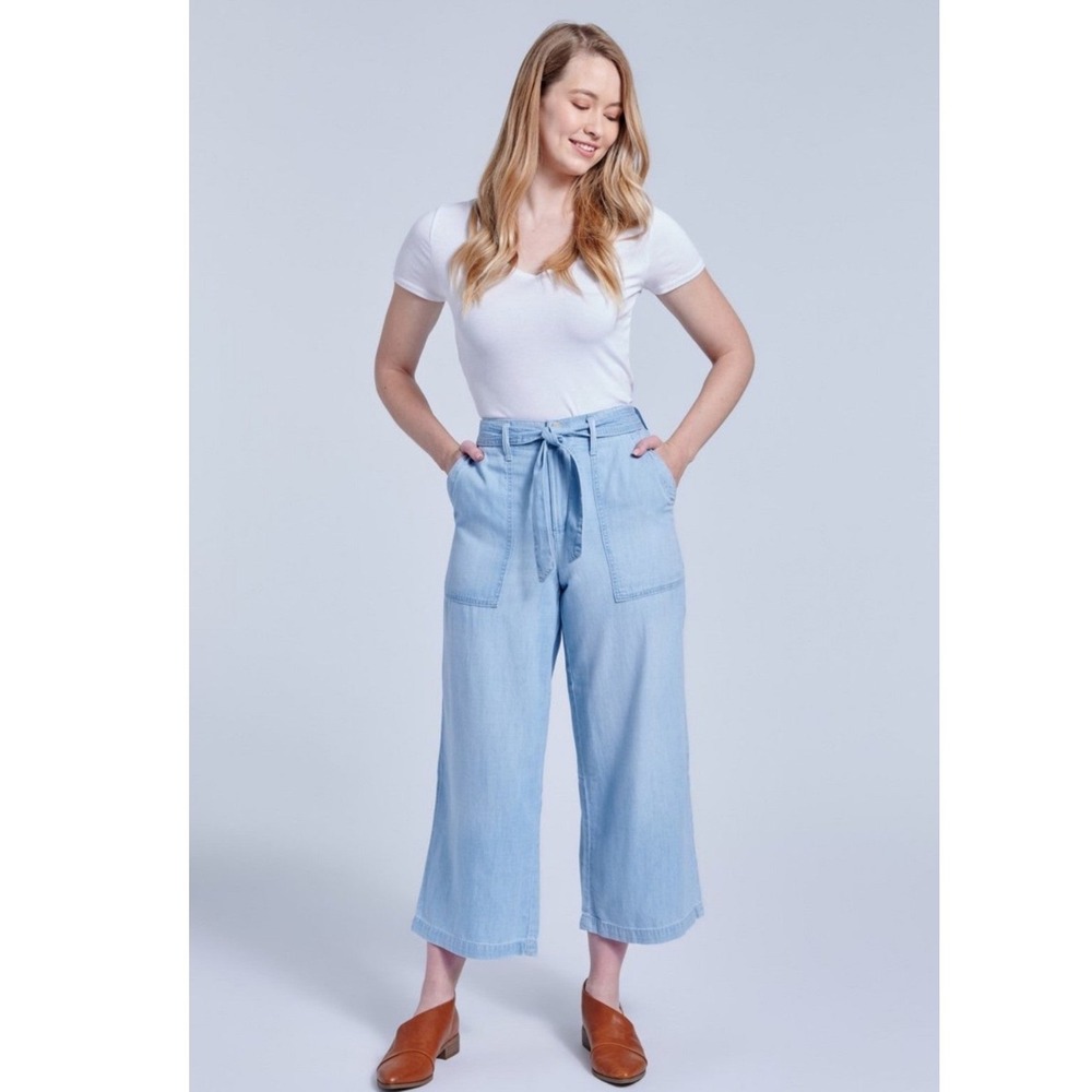 Seven7 Wide Leg Pants Women‎ Size 12 Light Blue Tencel Tie Waist Utility Pockets